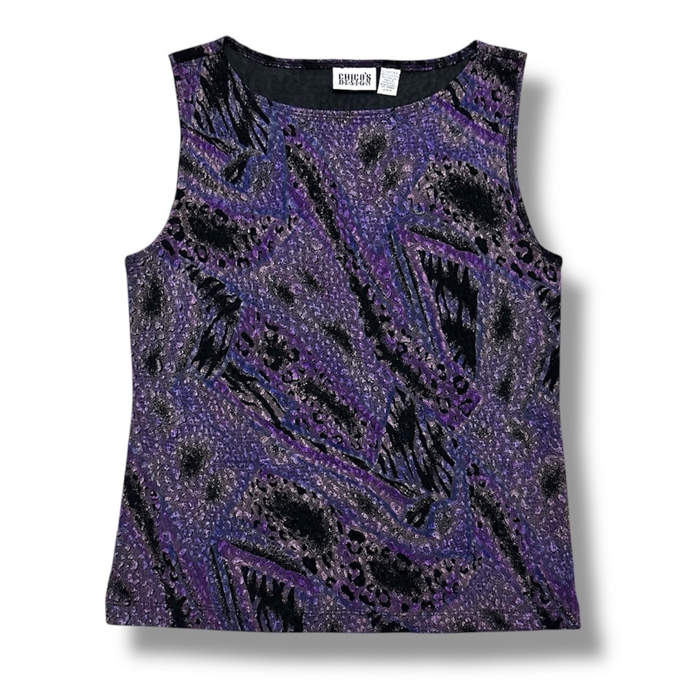 Vintage Chico’s Purple Black Textured Animal Print Sleeveless Top Women’s Large